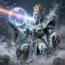 a perfect majestic portrait photograph of a distorted, contorted humanoid mecha monarch ludicrously bursting into a cloud of shrapnel. their gaping mouth is blasting colored rays of pure energy in a fractal glass sphere. expressive robes of shattered porcelain, and a crown of myriad corrugated tubes engulfing their head.