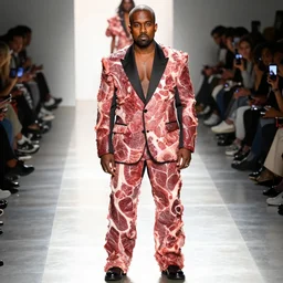 kanye west wearing a suit made of meat, full body photograph on runway