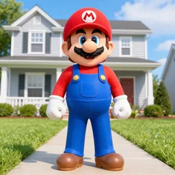 bootleg super mario costumed man standing in front of an american house