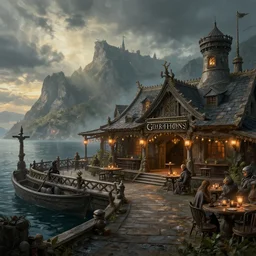harbor tavern, game of thrones, volumetric lighting, fantasy artwork, very beautiful scenery, very realistic painting effect, hd, hdr, cinematic 4 k wallpaper, 8 k, ultra detailed, high resolution, artstation