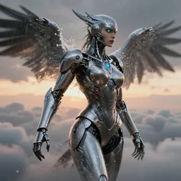 a biblical diabolical beautiful female android, hawk, shiny hi tech armor, dynamic pose, splashing, heavy eyes to the side, glowing veins, in clouds, rain, sunset, portrait, by gerald brom, by mikhail vrubel, by peter elson, muted colors, extreme detail, reflections, trending on artstation, 8 k