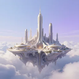 island floating on top of the clouds with futuristic architecture, asgard, light blue, purple sky, gold, silver, and light grey, desaturated, pastel colors, matte painting, style of jordan grimmer, digital painting, trending on artstation, high detail, volumetric lighting, godrays
