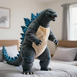 Godzilla in a onesie in his bedroom