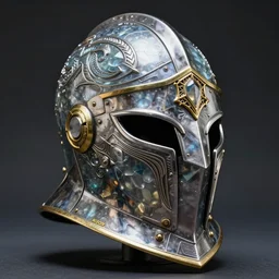 hyper realistic photography of a translucent glorious obsidian metal carved medieval armor steel helmet, futuristic design, cyberpunk style, wood and gold details, intricate, extremely detailed, ornate, deep of field, nikon photography