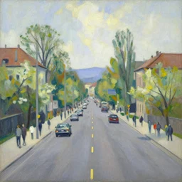 an edward hopper style painting of a busy road of ( ( ( ( ( ( ( ( gyor ) ) ) ) ) ) ) ) in hungary, late - spring, may of 1 9 4 8