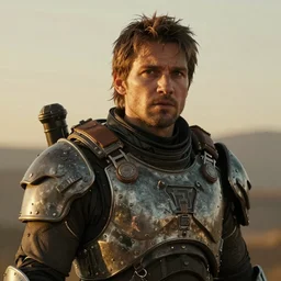 unknown Fallout 5 character portrait, partially clothed in metal-plated ballistic armour, atmospheric lighting, painted, intricate, volumetric lighting, beautiful, golden hour, sharp focus, ultra detailed, by Leesha Hannigan, Ross Tran, Thierry Doizon, Kai Carpenter, Ignacio Fernández Ríos