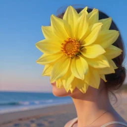 closeup girl with huge yellow dahlia flower on face, on beach, surreal photography, blue sky, sunrise, dramatic light, impressionist painting, digital painting, artstation, simon stalenhag