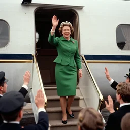 a medium full shot, vintage historical fantasy 1 9 3 0 s kodachrome slide german and eastern european mix of a photographic portrait of the queen attending a royal tour. she is shown descending a staircase from a luxurious plane, waving to the crowd below. she is donning a pencil skirt and peplum jacket in a green skirt suit.