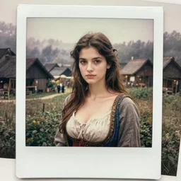 tempting peasant girl with deep seductive décolleté looking in the camera, on a village, high angle view, portrait, Cinematic focus, Polaroid photo, vintage, neutral colors, soft light, foggy, by Steve Hanks, by Serov Valentin, by lisa yuskavage, by Andrei Tarkovsky 8k render, detailed, oil on canvas
