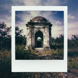 polaroid of abandoned mausoleum, poltergeist, liminal, hidden ghost. magick symbols.