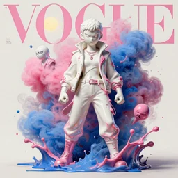 3 d, angry marble statue fashion model, splashes, liquid white and pink metal, pink and blue smoke, explosion of blue paint, blue paint drip, sun, vogue cover style, poster art, high detail, intricate oil painting, multiple exposure, stanley kubrick mood, hyperrealism, 3 d, by tooth wu and wlop and beeple and greg rutkowski