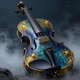 illustration of close low angle view of an ornate obsidian gothic violin with gold spidery embellishments, night, smoke, ground fog, by peter mohrbacher, by frank frazetta, by vincent di fate, large depth of field, super detailed, digital art, trending on artstation, ornate