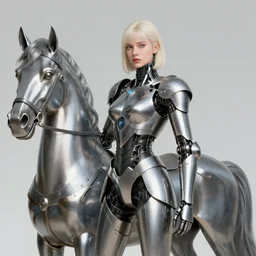 portrait girl metal cyborg armor and metal horse by gaston bussiere, anna nikonova aka newmilky, greg rutkowski, yoji shinkawa, yoshitaka amano, tsutomu nihei, donato giancola, geoffroy thoorens, concept art, trending on artstation, featured on pixiv