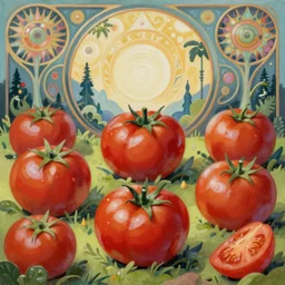 psychedelic tomatoes madness fantasycore landscape, glossy painting, Art Nouveau Elemental 4k Detailed Matte Illustration trending on Behance ,CGSociety, Black and Cinnamon color scheme, Pastiche by Tim and Greg Hildebrandt, Pastiche by Kay Nielsen