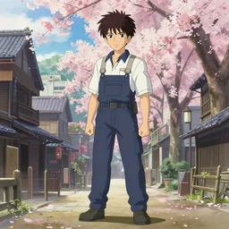 a full body portrait of a confident mechanic, city with sakuras, studio lighting delicate features finely detailed perfect art, at an ancient city, gapmoe yandere grimdark, trending on pixiv fanbox, painted by greg rutkowski makoto shinkai takashi takeuchi studio ghibli