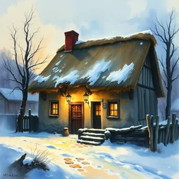 paint brush strokes, abstract watercolor painting of rustic village house at winter dawn, lantern, medieval straw roof, scandinavian viking age, ambient lighting, art by hans dahl, by jesper ejsing, art by anders zorn, wonderful masterpiece by greg rutkowski, cinematic light, american romanticism by greg manchess, impressionism by tyler edlin