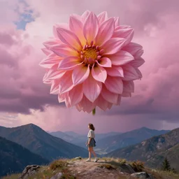giant dahlia flower over head, girl walking on mountain, surreal photography, pink storm clouds, dramatic light, impressionist painting, digital painting, artstation, simon stalenhag