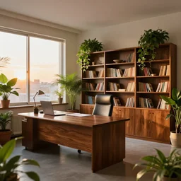 A beautiful office room with mahogany bookcases and many beautiful plants and sunset light coming through the windows