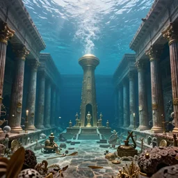 Roman empire underwater, Atlantis, spectacular quality, surrealism photography masterpiece, perfect composition