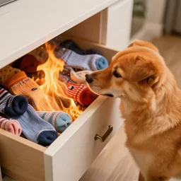 An orange dog staring at a drawer filled with socks on fire, high-resolution photo