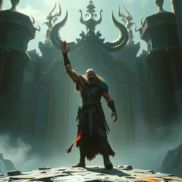 the hero viking stands triumphantly as he enters the majestic gates of valhalla, highly detailed, digital painting, artstation, smooth, sharp focus, masterpiece, stunning concept art by ruan jia and jakub rebelka and artgerm and greg rutkowski and mucha
