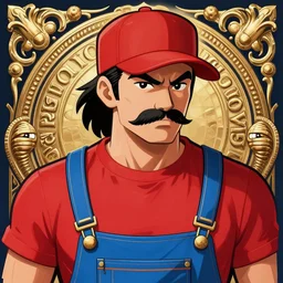 highly detailed portrait of a man with a mustache wearing a red shirt, blue overalls, and a red cap, art by capcom, street fighter character art, digital illustration, ornate details,