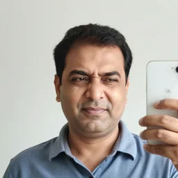 my indian dad accidentally taking a selfie with the front camera, squinting because the camera flash is so bright in his face