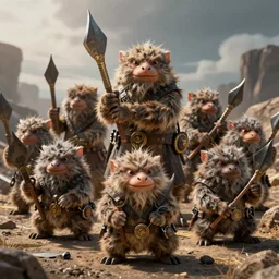 a group of kobold slingers, hyper realistic, 8 k ultra realistic creature, detailed intricate, with fractal sunlight, award - winning, masterpiece, in the style of tom bagshaw, cedric peyravernay, peter mohrbacher