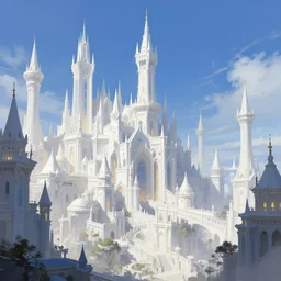 city of mages. white buildings, towers. blue sky, lighting. fantasy, digital painting, hd, ultra - detailed.