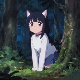 anime catgirl spotted in forest, photograph at night with flash
