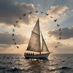 A hand-drawn sailboat circled by birds on the sea at sunrise