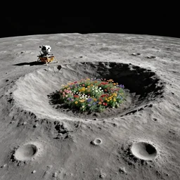 a landscape on the moon with many craters, barren moon landscape, a broken moon lander, in a big crater at the center there is a beautiful flowering garden, 8 k, lowbrow in the style of martin johnson heade, roger dean and daniel merriam,