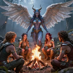 nephilim and angels overwatching four women and 2 men around campfire, realistic