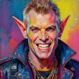 gap toothed young david letterman as an apocalyptic scifi orcish biker character, psychedelic vibrant colors, futuristic punk rock fashion, oil painting by michael whelan art, perfect face, sharp focus, detailed eyes, realistic, 8 k