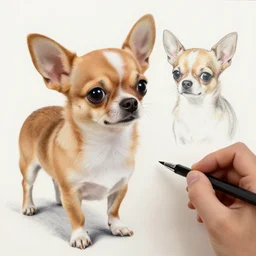 an illustration of a chihuahua drawing a picture of another chihuahua, photorealistic