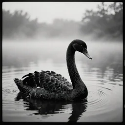 black swan by Andrei Tarkovsky, mist, lake, lomography effect, photo, monochrome, photo blurring, 35mm