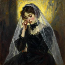 detailed oil painting of a sad bride in black under the god ray, art by artgerm and greg rutkowski and alphonse mucha