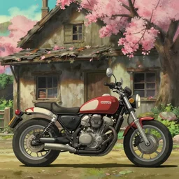 science fiction motorcycle parked in front of a delapidated old house, medium shot, studio Ghibli, Pixar and Disney animation, sharp, very detailed, high resolution, Rendered in Unreal Engine 5, anime key art by Greg Rutkowski, Bloom, dramatic lighting