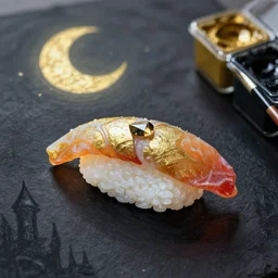 🍣🌙💎. gouache and gold paint, gothic, muted palette, backlighting, depth of field.