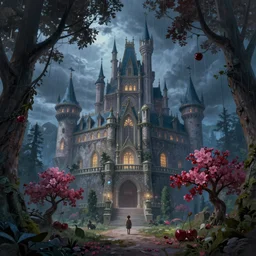 stormy night, created by jan urschel and sylvain sarrailh, in the mysterious fantasy forest, a huge fairy magic academy castle, magnificent color matching, realistic matte painting, cherried, western magic forest, clear details, trending on artstation
