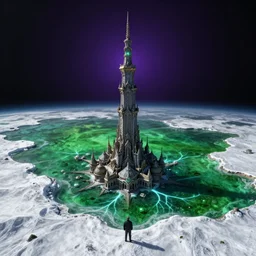 looking from space at green sea and dark purple illusion tower in the back, ornate and intricate, by greg rutkowski, by anton fadeev, by rhads, 4 k, snowy, glowing blue veins