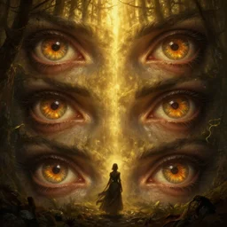 epic professional digital art of hungry eyes, gold ambient light, forest, painted, mysterious, eerie, mythic, detailed, intricate, grand, leesha hannigan, wayne haag, reyna rochin, ignacio fernandez rios, mark ryden, van herpen, best on artstation, cgsociety, epic, stunning, gorgeous, much wow, much detail, cinematic