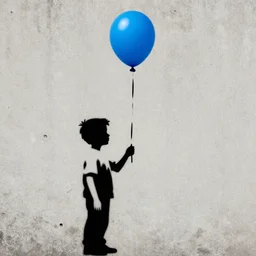 a side profile of a boy holding a single blue balloon on a concrete background in the style of Banksy, graffiti, digital art