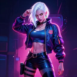 A colourful neon filled full body painting of a female gang leader with white hair in a intimidating pose by Wlop and ZeD, Cyberpunk, handsome face, bomber jacket, white hair, golden eyes, trending on artstation, pixiv, 4k, HDR, unreal engine