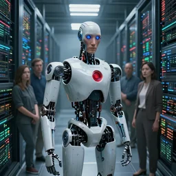 extremely detailed realistic movie still 2 0 7 7 portrait shot of a robot in an endless supercomputer data centre by denis villeneuve, wayne barlowe, simon birch, philippe druillet, beeple, noriyoshi ohrai volumetric sunlight from small windows