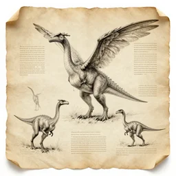 vintage parchment with a sketch of a group of feathered dinosaurs with full descriptions, 8K, HD, highly detailed, high quality