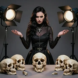very annoyed female necromancer in a prada dress looking at the most boring thing in the world, skulls and bones, luxury materials, symmetrical, cinematic, elegant, professional studio light, real dlsr photography, sharp focus, 4 k, ultra hd, sense of awe, high fashion