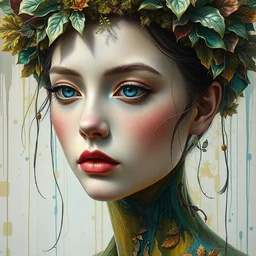 a portrait of beautiful girl by irakli nadar with intricate detailed color smashing fluid oil paint and acrylic, moss and leaves headdress, melting wax, mycelia, abstract impressionism, ruan jia, fantasy, hyper detailed, concept art, by gustav klimt, by sue bryce