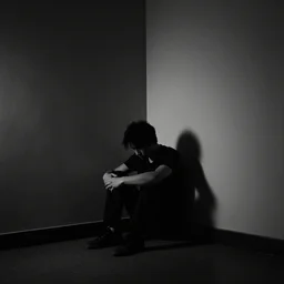 lonley man sitting in the corner of a room, monochrome, dark, strong shadows