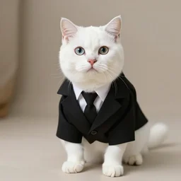 A photograph of a white cat wearing a black suit